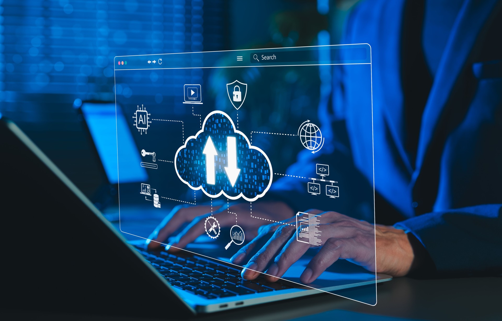 Cloud Computing and Data Technology Concept. Man using laptop with cloud icons and digital data symbol, representing cloud computing, data storage, cybersecurity, and AI integration in modern tech.